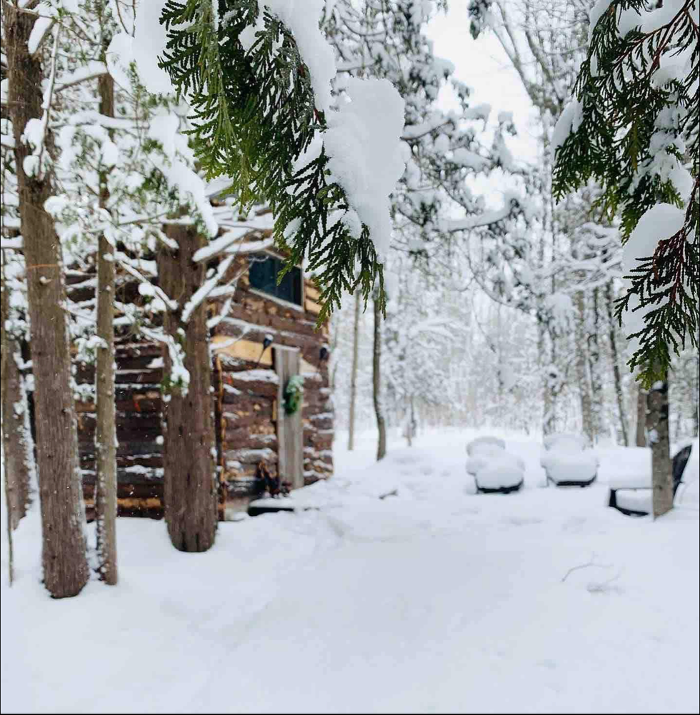 \u200bWooden tiny home in the snow.