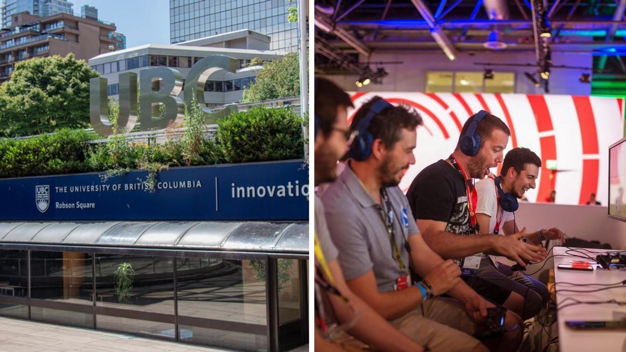 UBC Robson Square. Right: People playing video games.