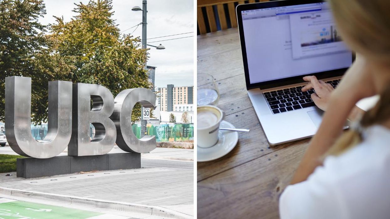 UBC Sign. Right: A person working on a computer.