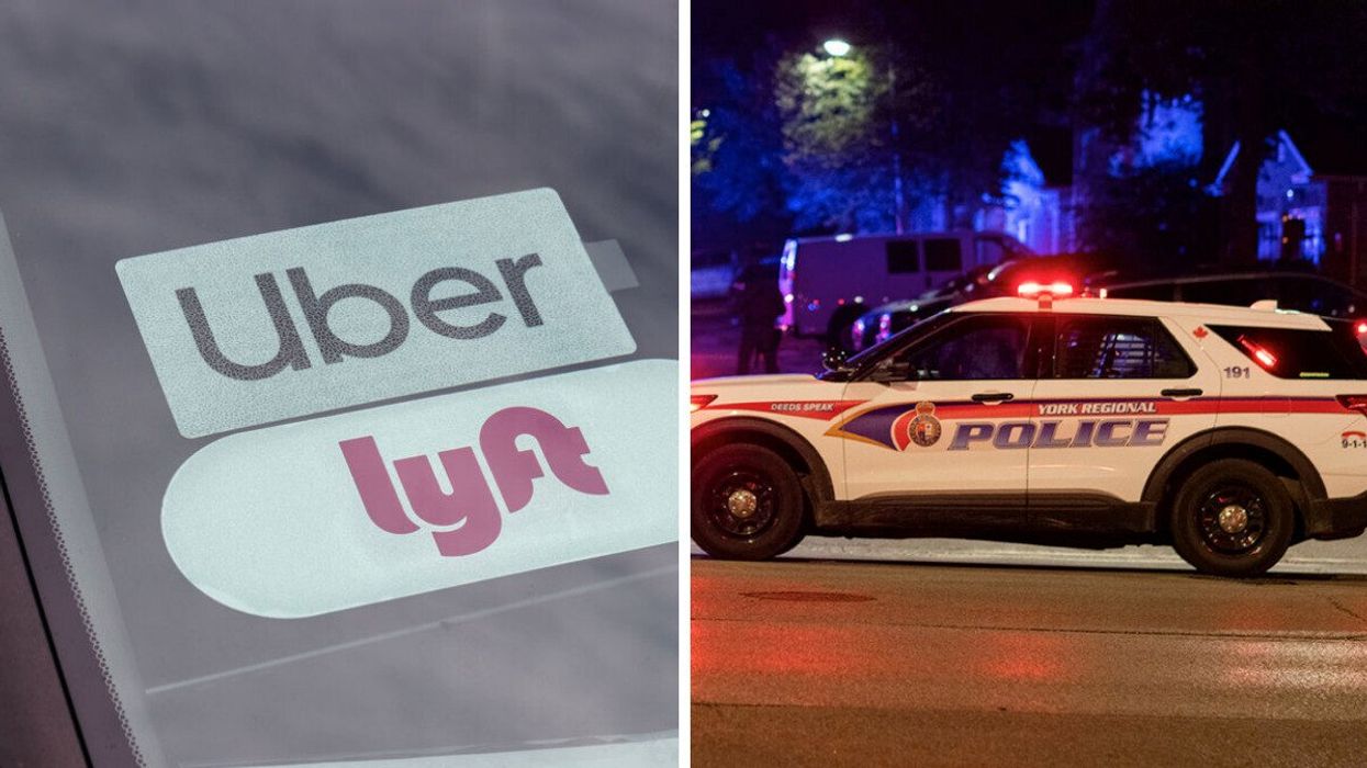 Uber and Lyft stickers displayed on the back windshield of a vehicle. Right: A York Regional Police cruiser.