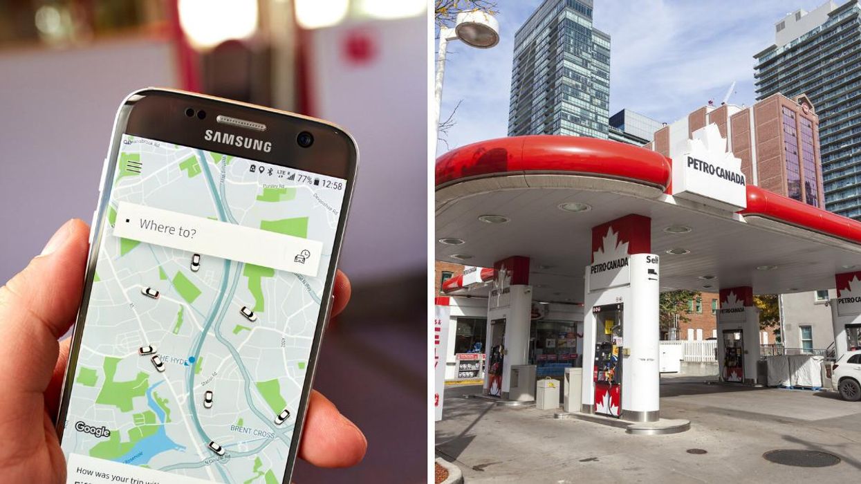 Uber app on a phone. Right: A gas station in Toronto.