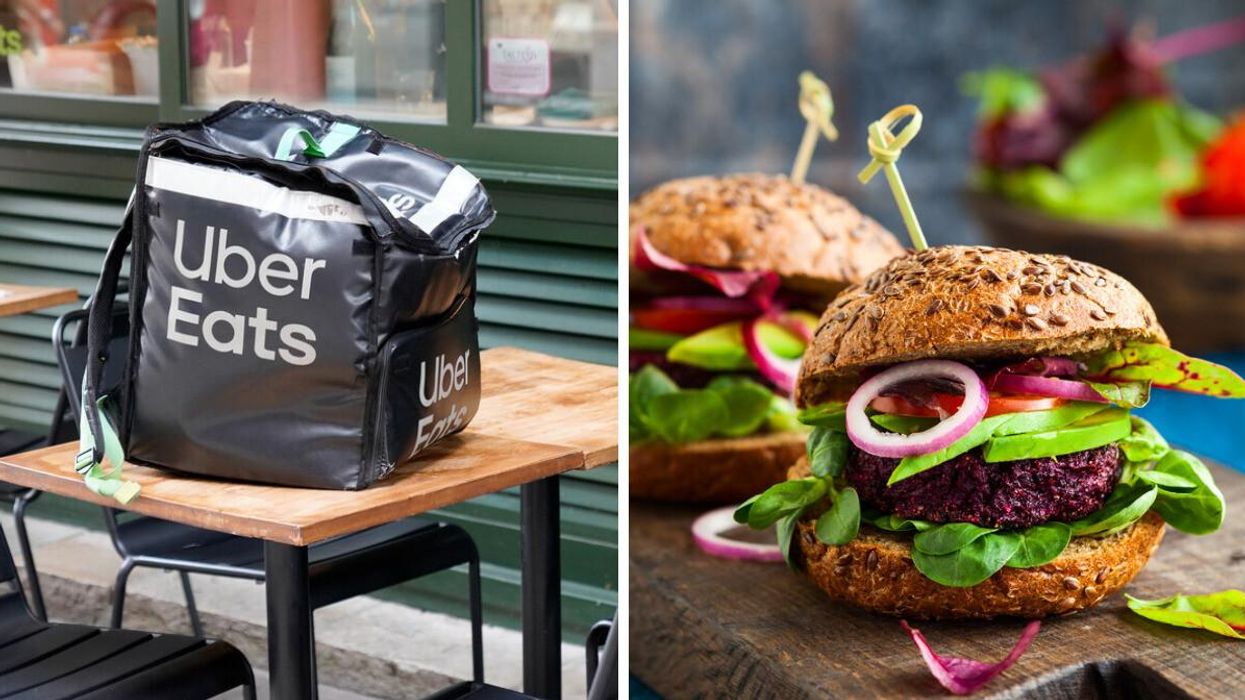 Uber Eats delivery bag on a table. Right: Two veggie burgers.