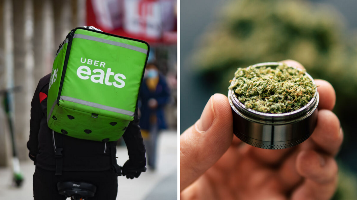 Uber Eats delivery person. Right: Cannabis.