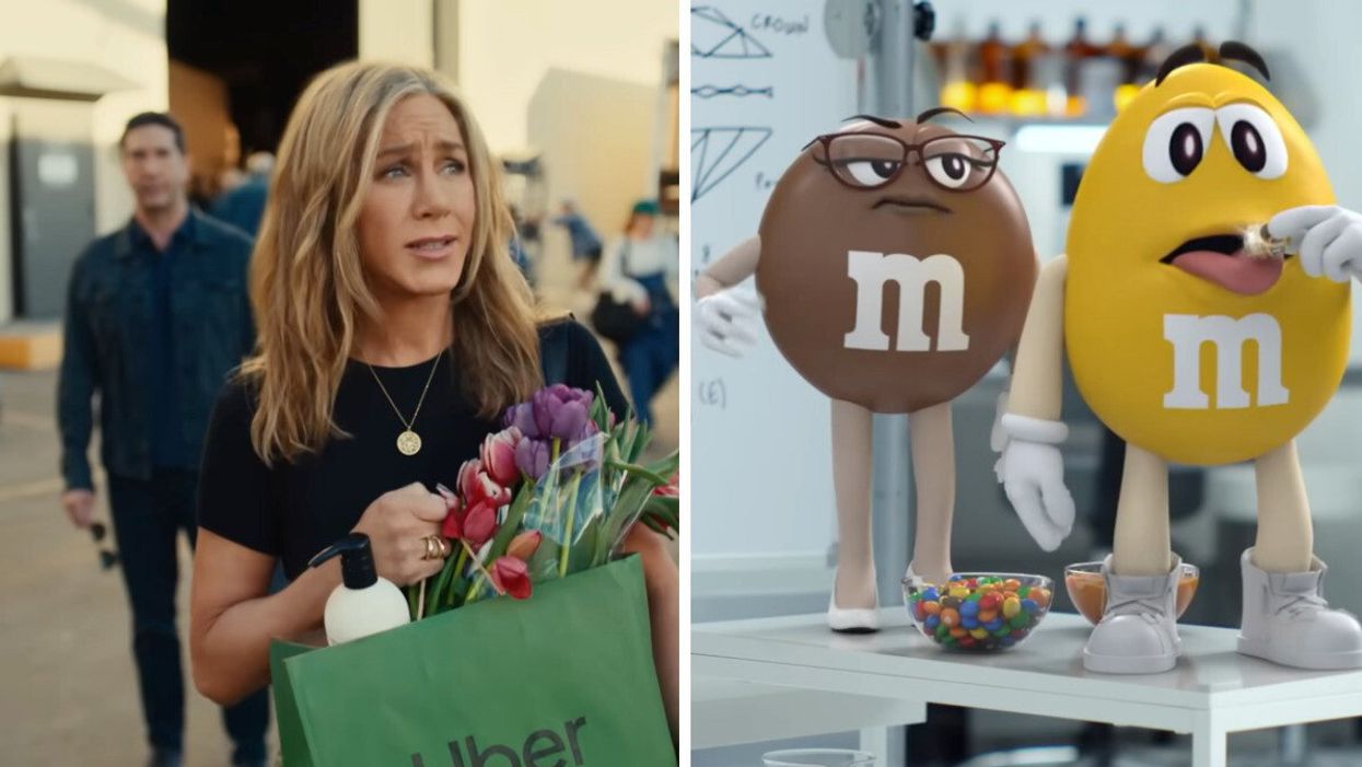 uber eats super bowl commercial. right: m&m's super bowl commercial.