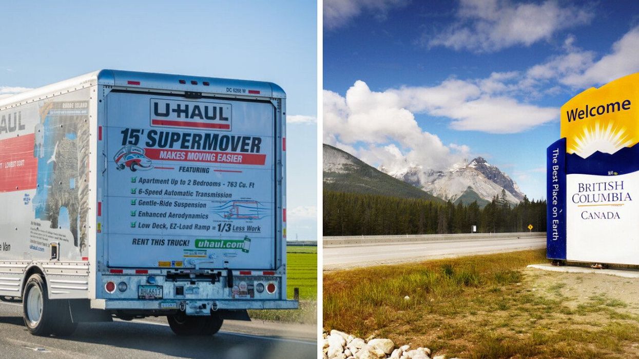 Uhaul truck. Right: B.C. sign.