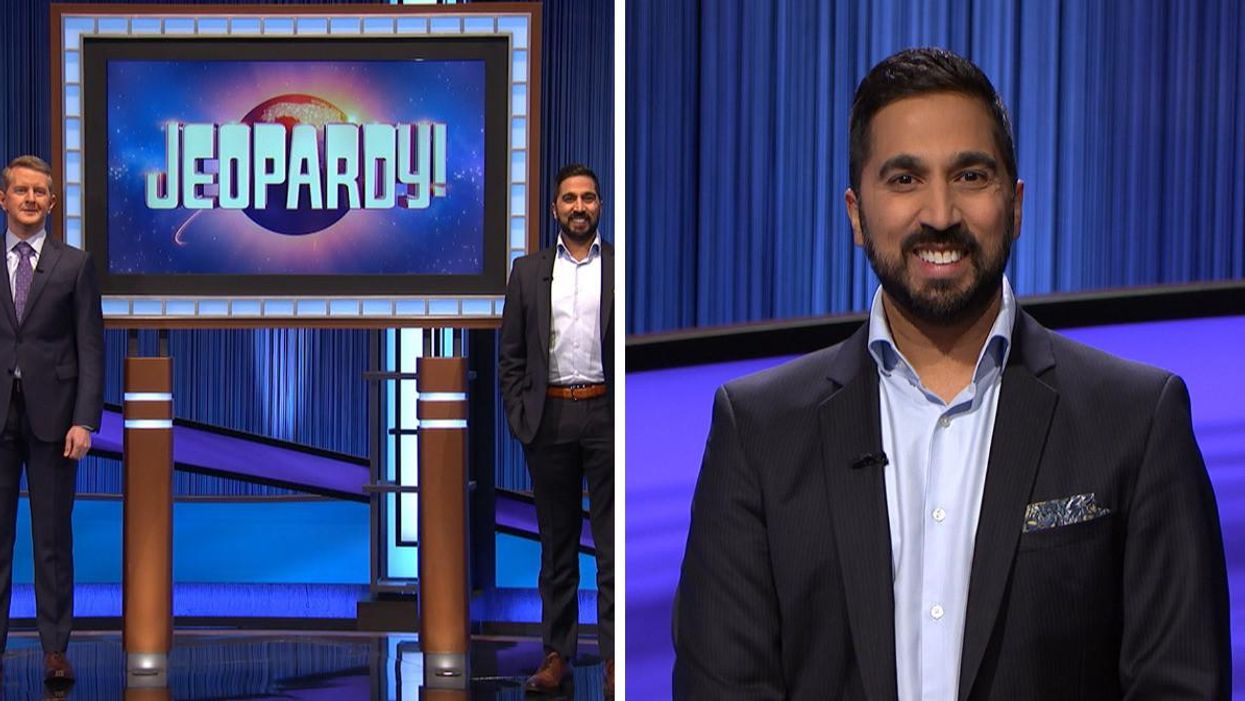 Ujal Thakor standing with Jeopardy! host Ken Jennings on set. Right: Ujal Thakor on set.