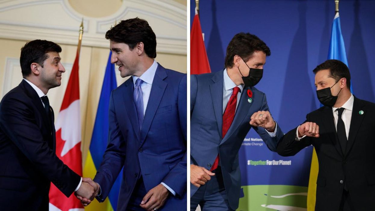 Ukraine President Volodymyr Zelenskyy and Canada Prime Minister Justin Trudeau shaking hands. Right: Volodymyr Zelenskyy and Justin Trudeau touching elbows.