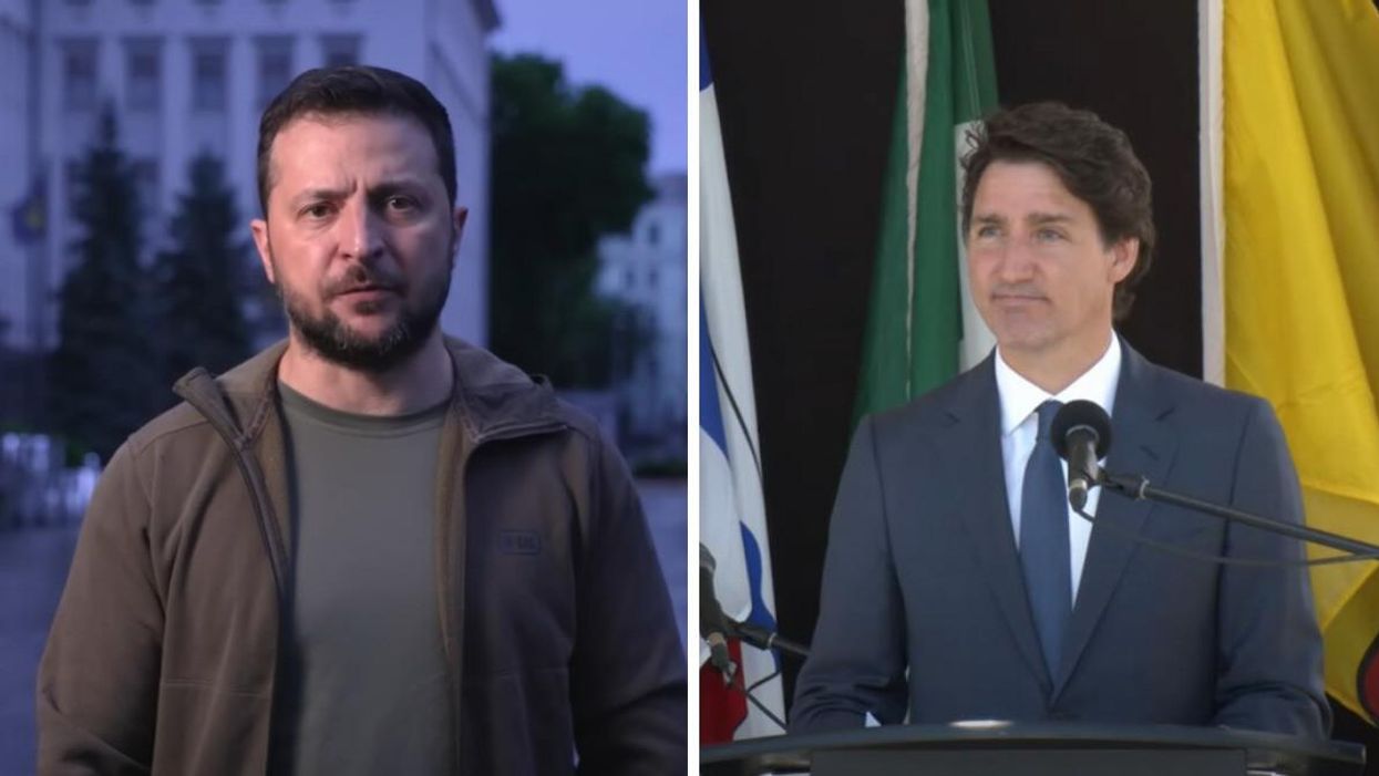 Ukrainian President Volodymyr Zelenskyy. Right: Canadian Prime Minister Justin Trudeau.