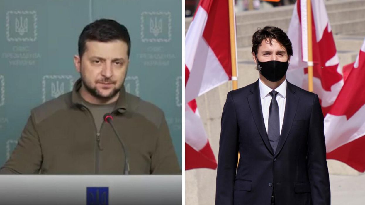 Ukrainian President Volodymyr Zelenskyy. Right: Prime Minister Justin Trudeau.