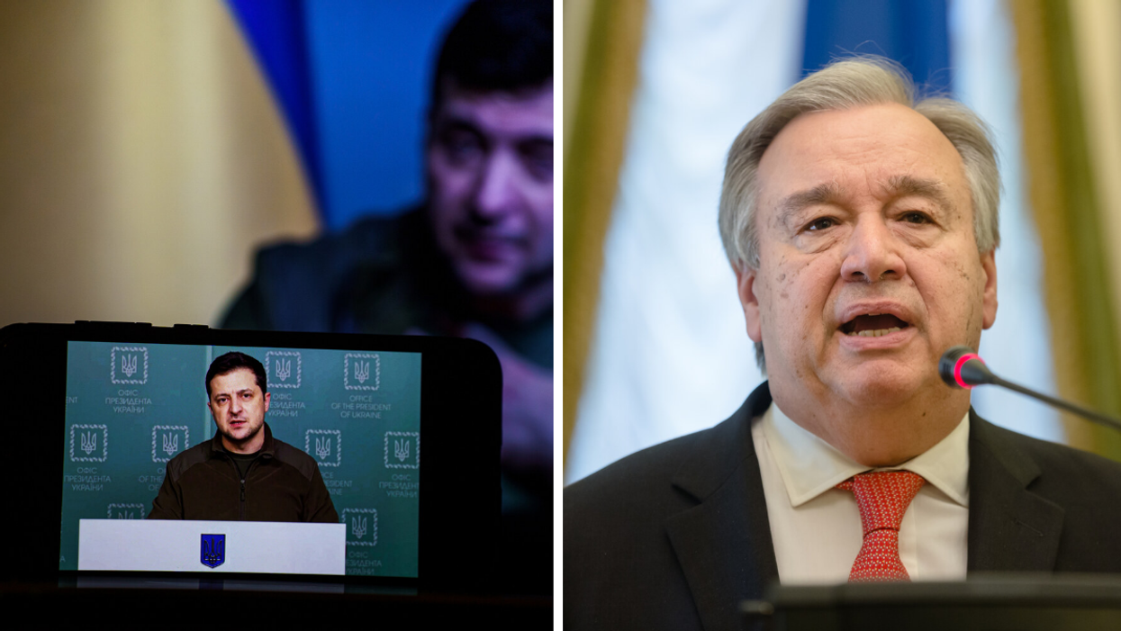Ukrainian President Zelenskyy. Right: UN Secretary-General António Guterres.
