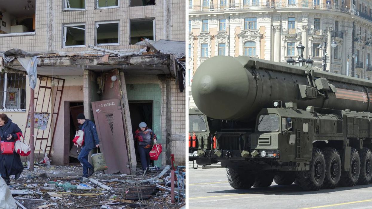 Ukrainians evacuating a bombed building bombed. A Russian ballistic nuclear missile.
