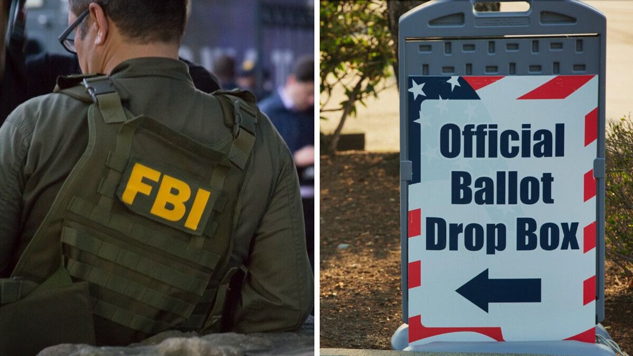 Un agent du FBI. Droite : Une pancarte indiquant le bureau de vote pour l'élection américaine.