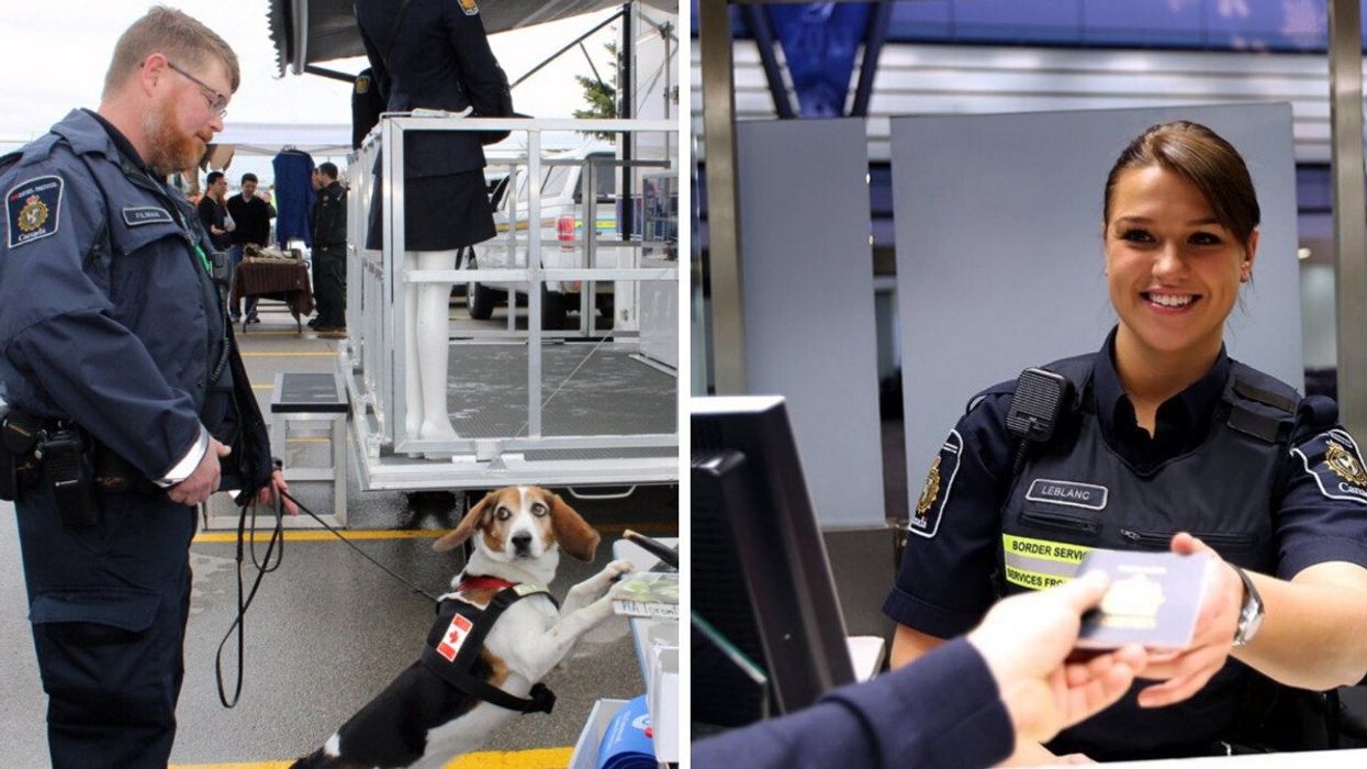 Un agents des services frontaliers du Canada avec un chien de service. Une agente des services frontaliers qui vérifie un passeport.