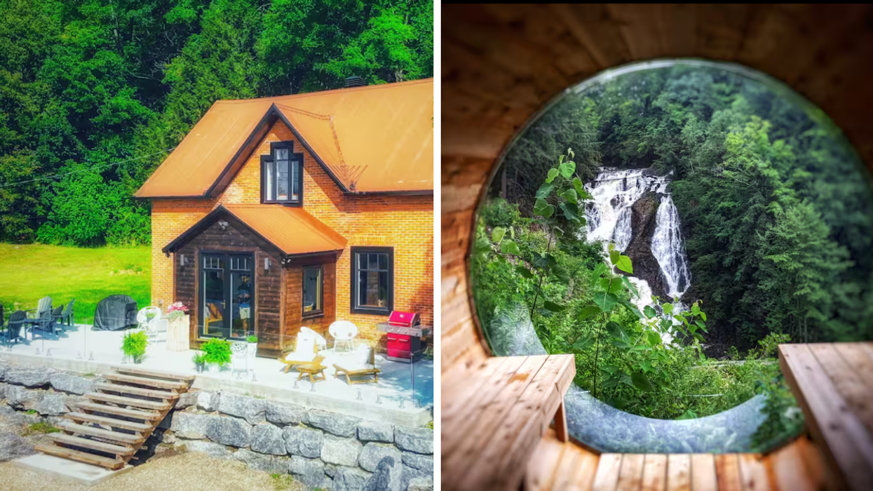 Un Airbnb à louer au Québec. Droite : Le sauna sec d'un Airbnb à louer au Québec.