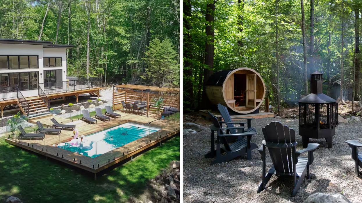 Un Airbnb avec piscine chauffée au Québec. Droite : Le sauna extérieur d'un Airbnb au Québec.