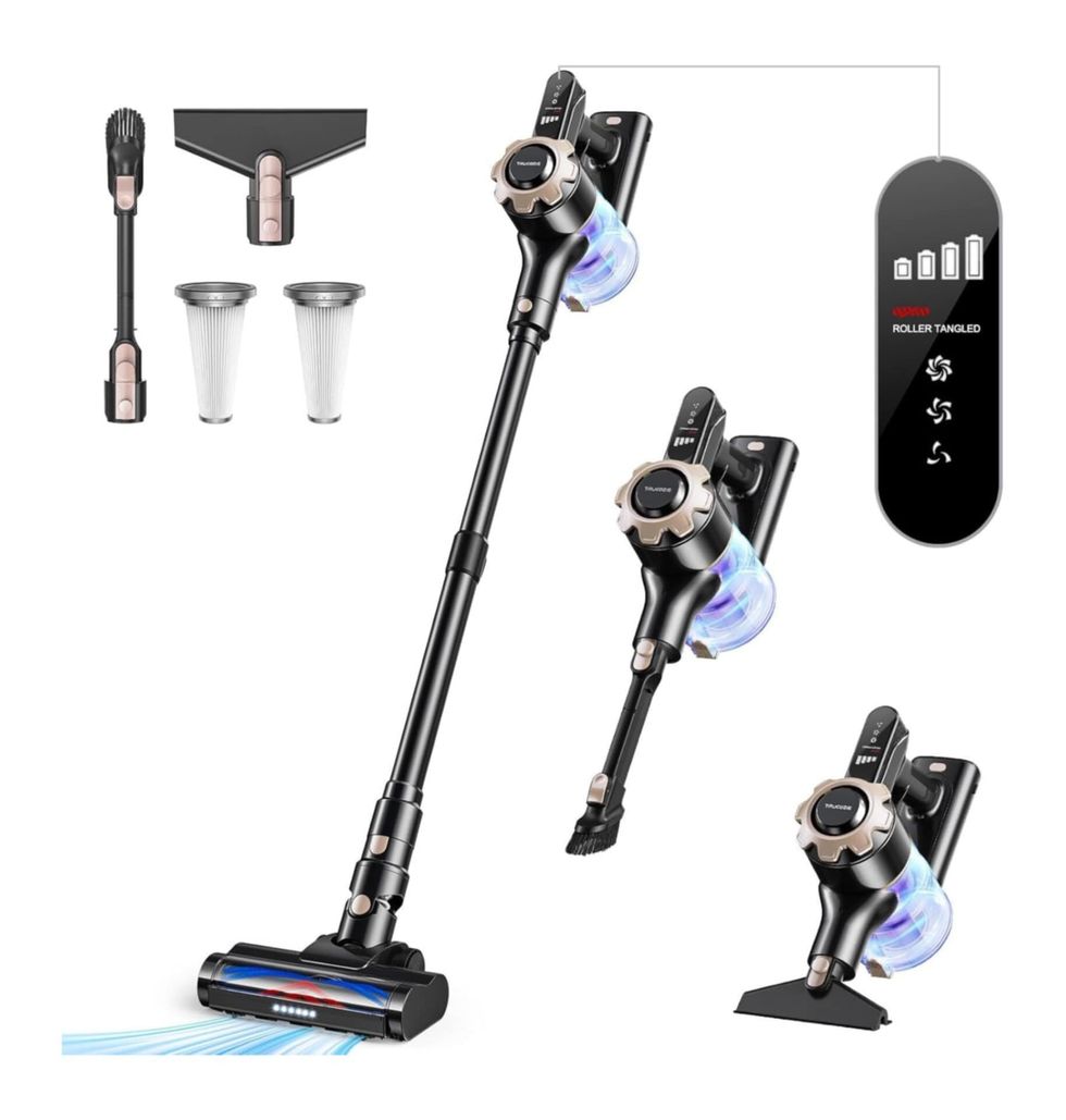 Un aspirateur sans fil ainsi que ses accessoires sur fond blanc vendu sur Amazon Canada.