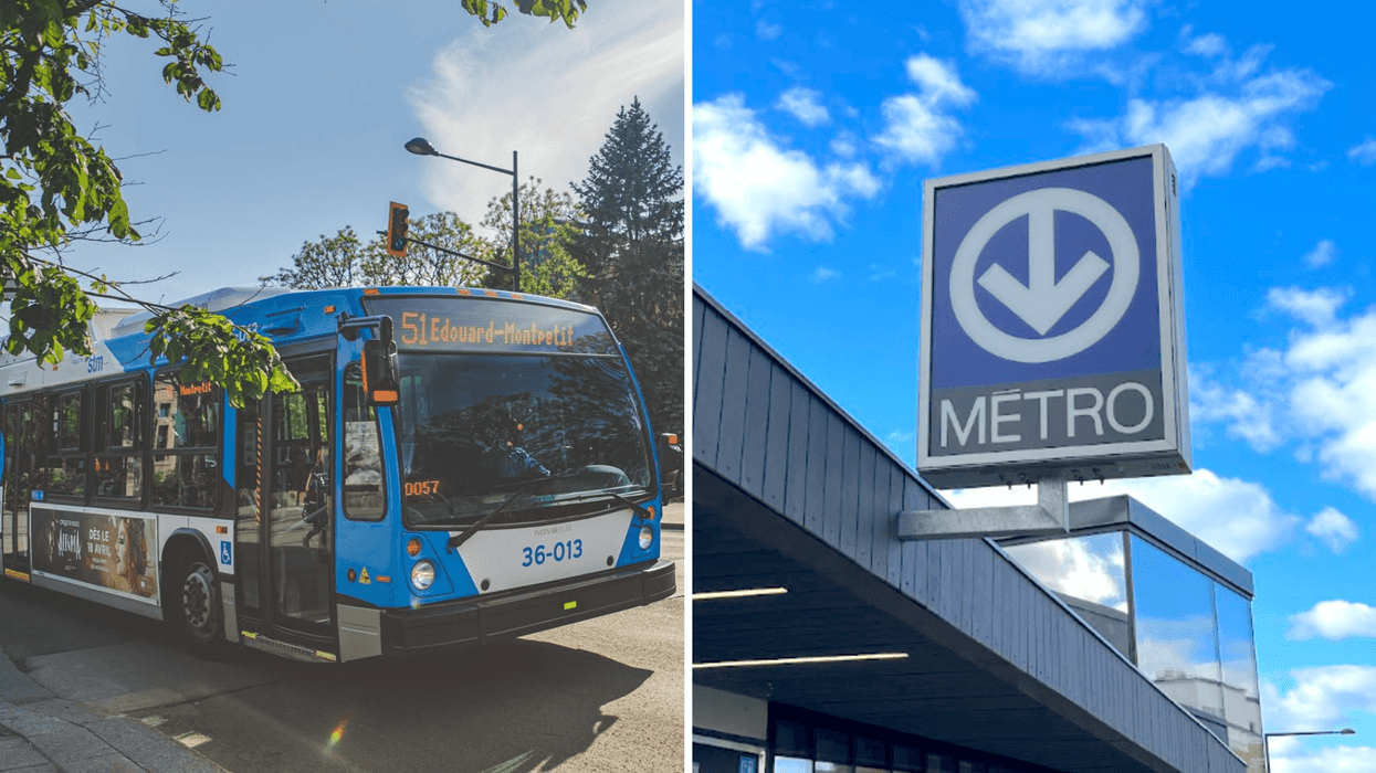 Un autobus de la STM. Droite : Une enseigne du métro de Montréal.