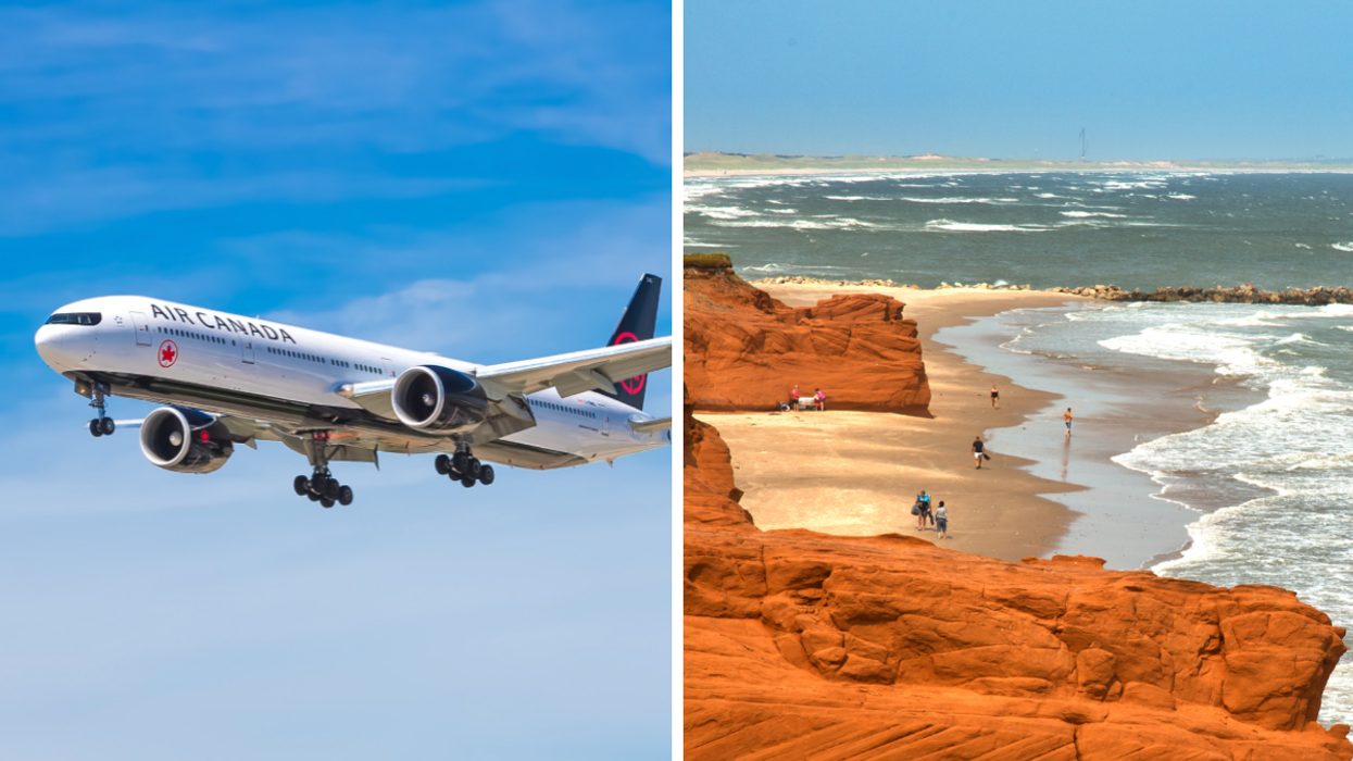 Un avion Air Canada. Droite : Les Îles-de-la-Madeleine.