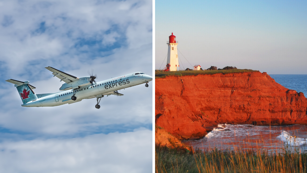 Un avion Air Canada. Droite : Les Îles-de-la-Madeleine.