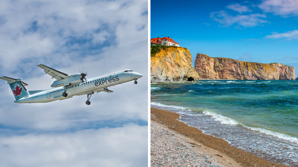 Un avion Air Canada en vol. Droite : Vue du rocher de Percé à partir d'une plage.