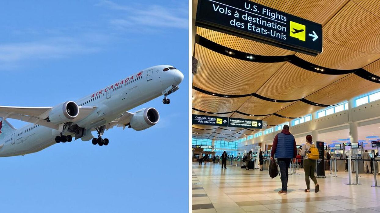 Un avion d'Air Canada. Droite : aéroport de Winnipeg.