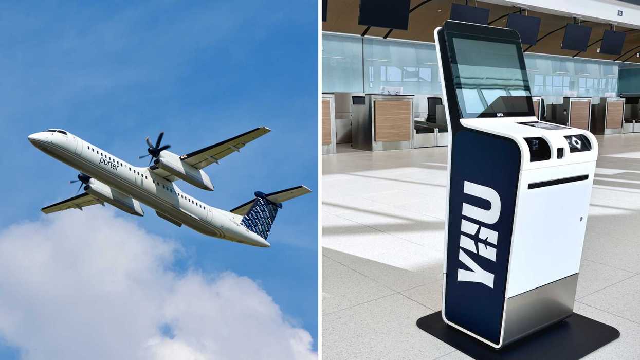 Un avion de Porter. Droite : une borne d'enregistrement à l'aéroport MET.
