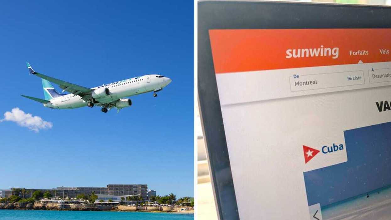 Un avion de WestJet. Droite : Le site Web de Sunwing pour les forfaits à Cuba.
