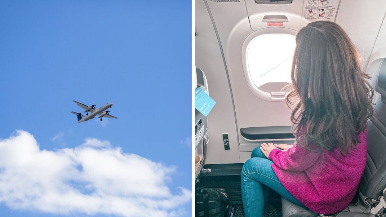 Un avion en plein vol. À droite : Madeline dans un avion.
