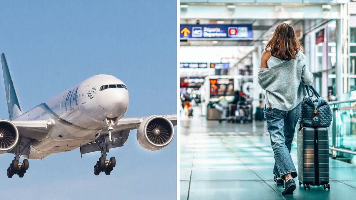 Un avion en vol. Droite : Une personne avec ses valises à l'aéroport Montréal-Trudeau.