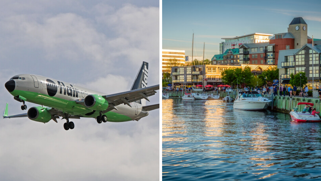 Un avion Flair Airlines. Droite : Port d'Halifax.