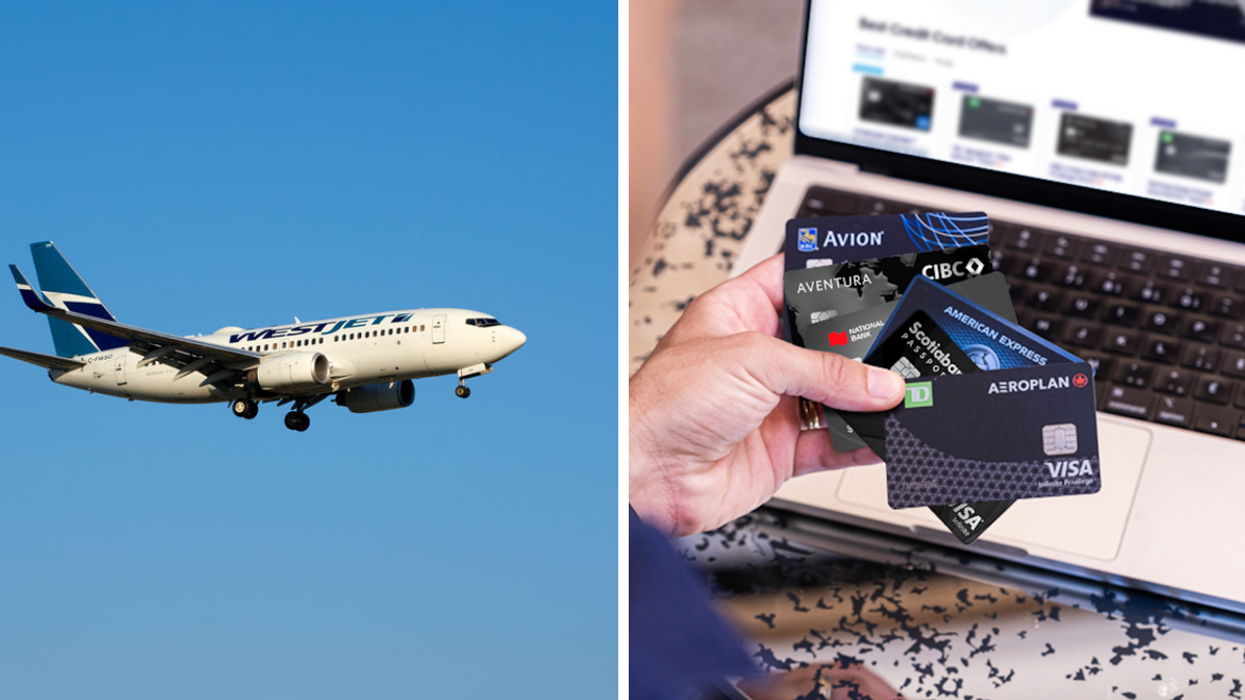 Un avion WestJet en vol. Droite : Des cartes de crédit avantageuses pour les voyages.
