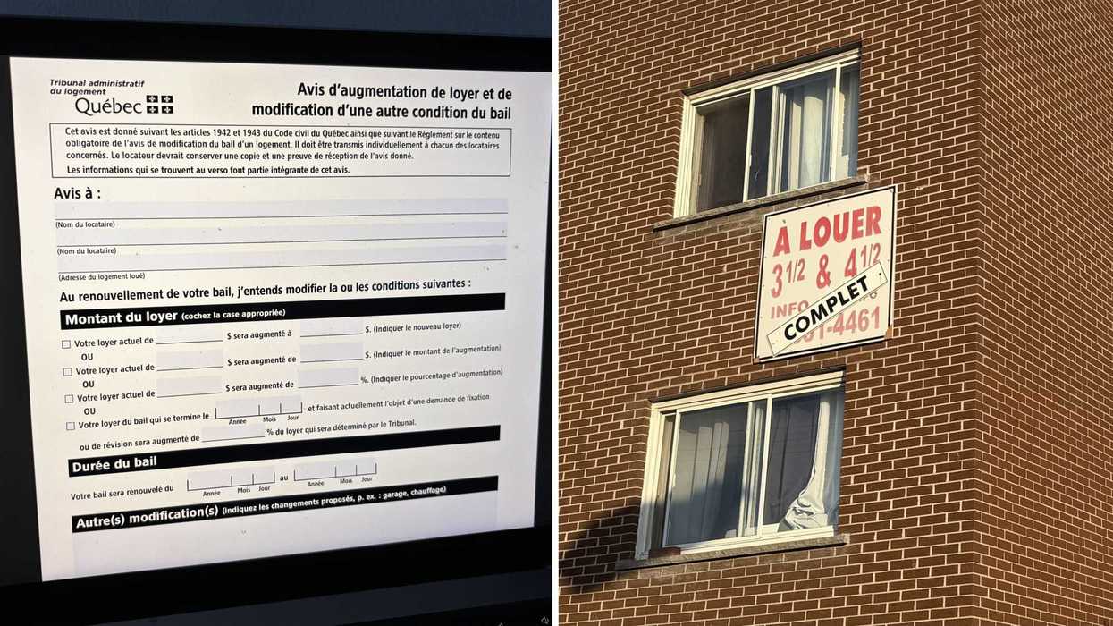 Un avis d'augmentation de loyer. Droite : un immeuble d'appartements à louer.