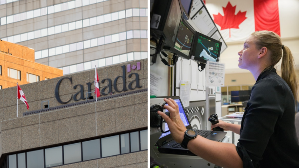 Un bâtiment du gouvernement du Canada. Droite : Une employée de l'Agence spatiale canadienne.