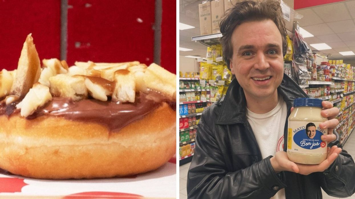 Un beigne à la poutine du Tim Hortons. Droite : Arnaud Soly avec sa Mayo Soly.
