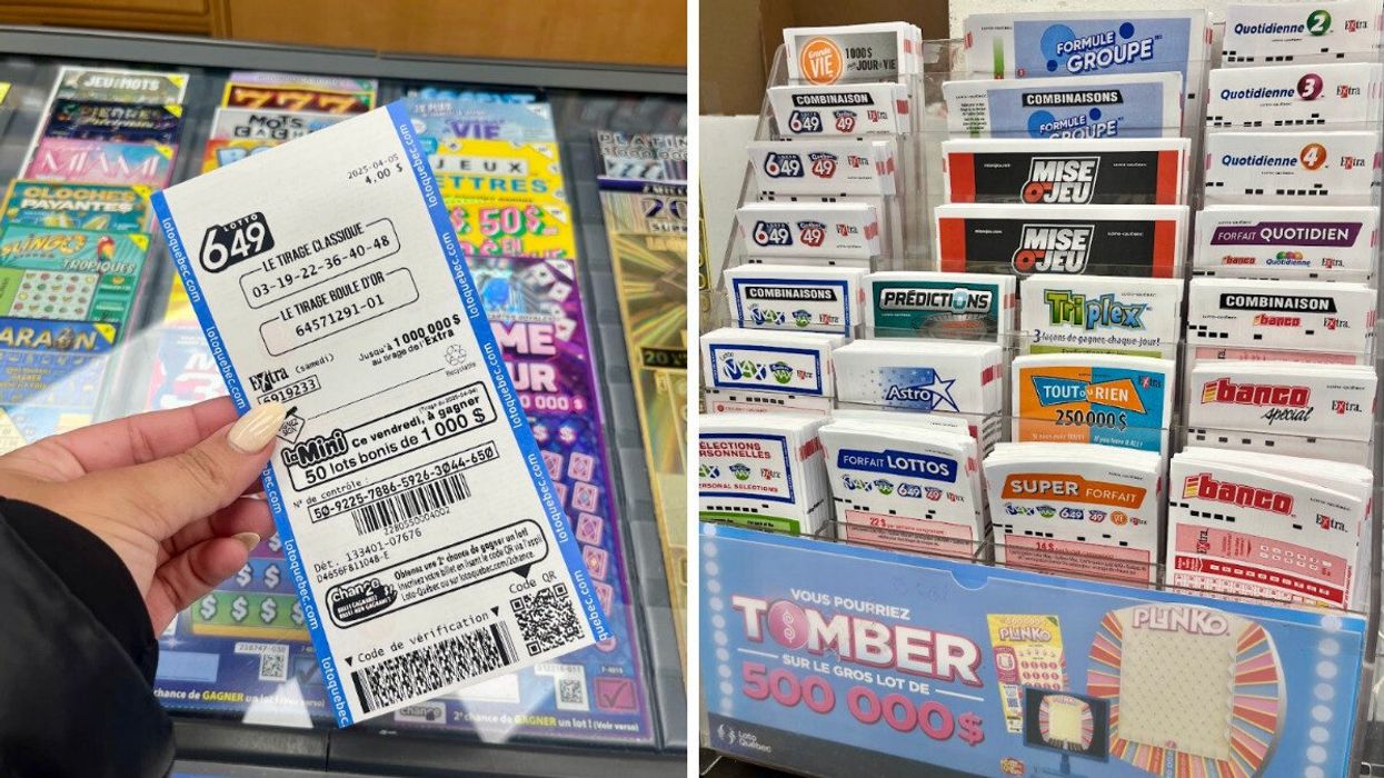 Un billet de 649 dans une main. Droite : Un stand de formulaire de billets Loto-Québec.
