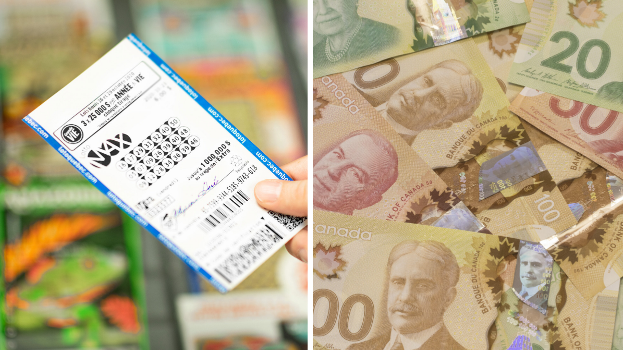 Un billet de Lotto Max. Droite : De l'argent Canadien.