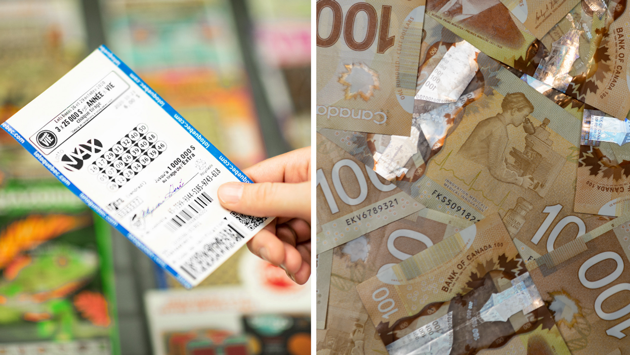 Un billet de Lotto Max. Droite : De l'argent.