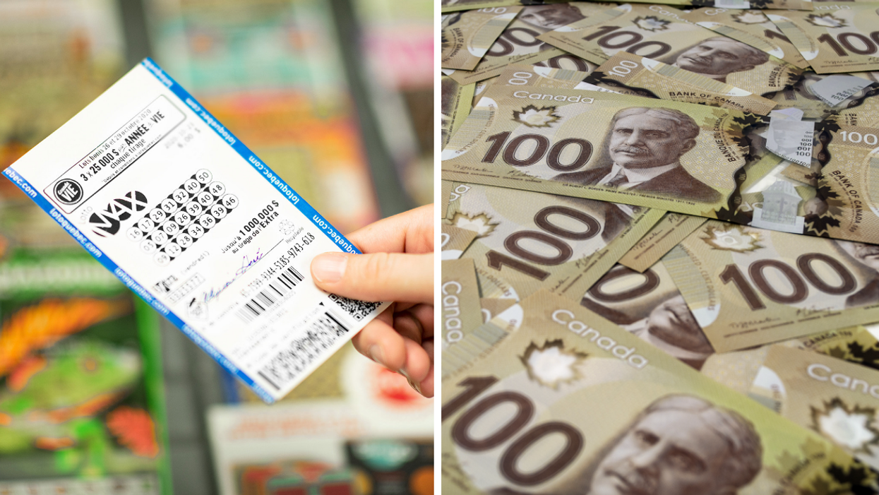 Un billet de Lotto Max. Droite : De l'argent.