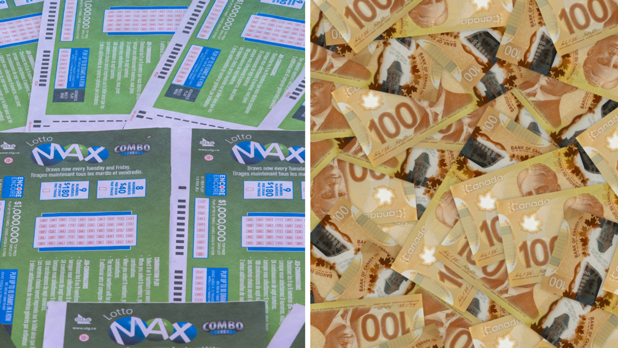 Un billet du Lotto Max. Droite : De l'argent.