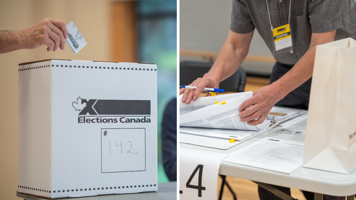 Un boite de vote. À droite : un employé d'Élections Canada