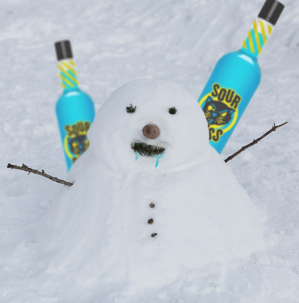 Un bonhomme de neige et du Sour Puss.