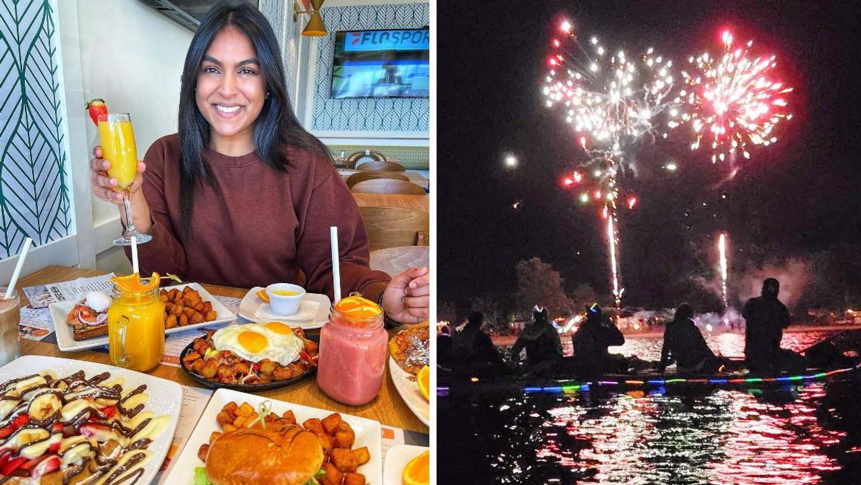 Un brunch au restaurant Pür & Simple. Droite : Feux d'artifice en « paddle board ».
