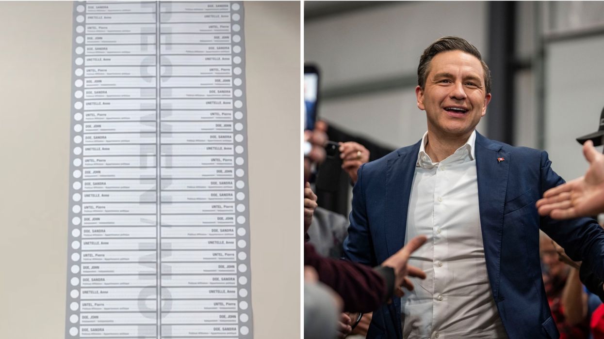 Un bulletin de vote. À droite : Pierre Poilievre.