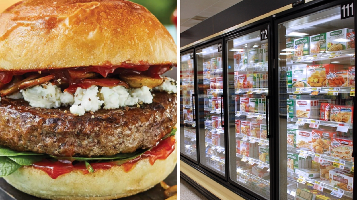 Un burger. Droite : Un rayon surgelé.
