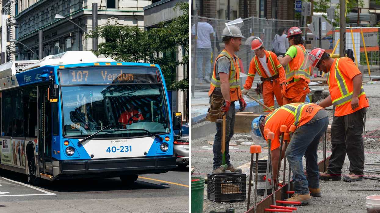 Un bus de la STM. Droite : des gars de la construction.