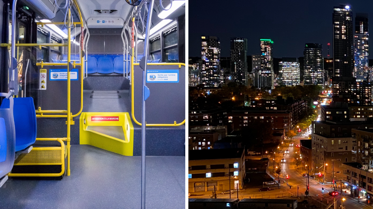 Un bus de la STM. Droite : Montréal.