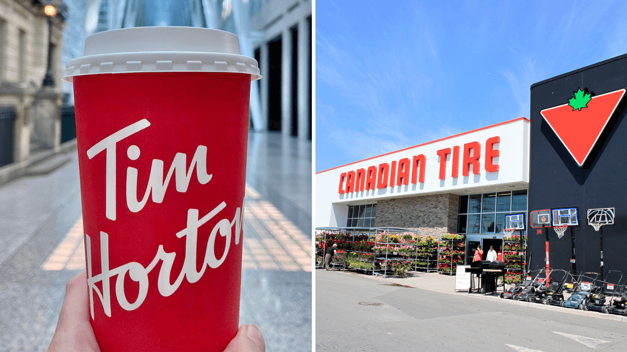Un café du Tim Hortons. Droite : Façade d'un magasin Canadian Tire.