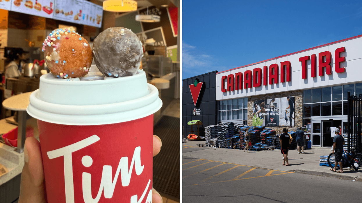 Un café du Tim Hortons. Droite : Façade d'un magasin Canadian Tire.