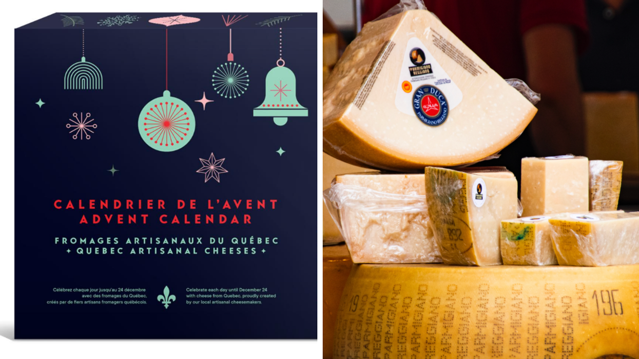 Un calendrier de l'avent de fromages. Droite : Du fromage.
