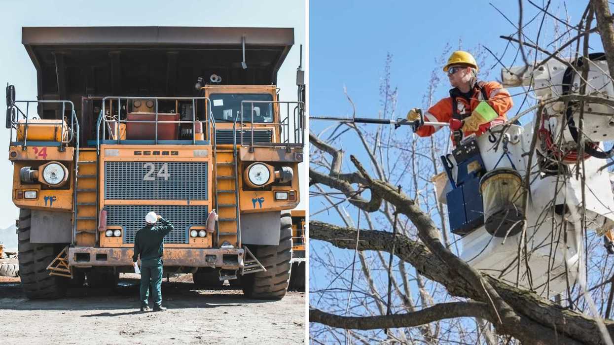 Un camion de mine. Droite : un employé d'Hydro-Québec.